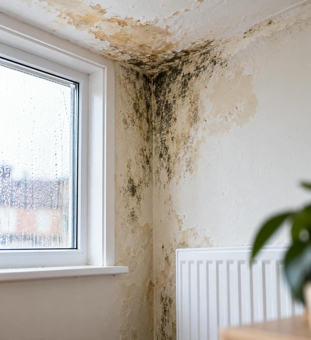 Damp and black mould spreading across the corner of a rented room, above a radiator and beside a window running with condensation